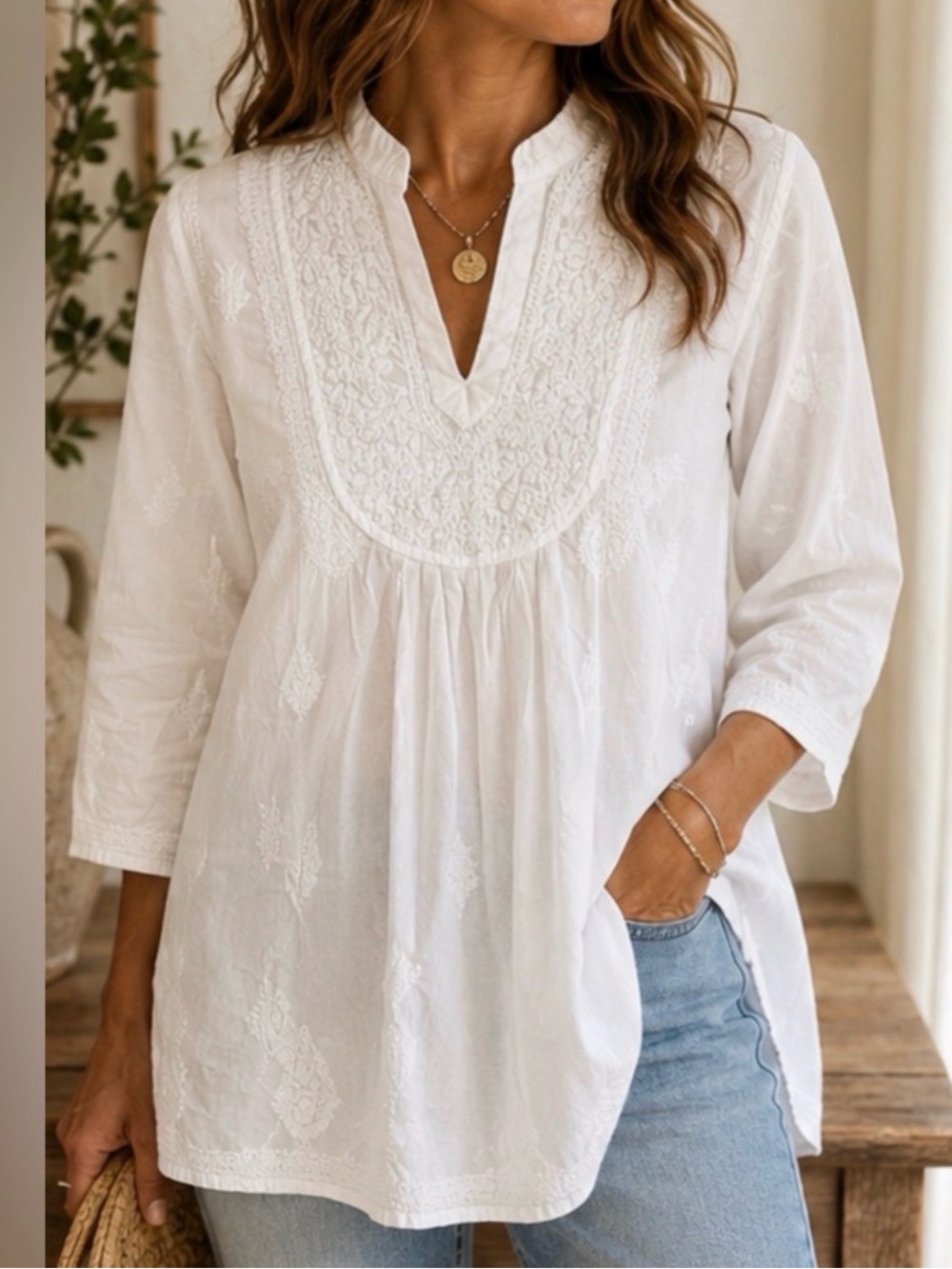 Wisteria Beautifully Embroidered Cotton Tunic. Size S